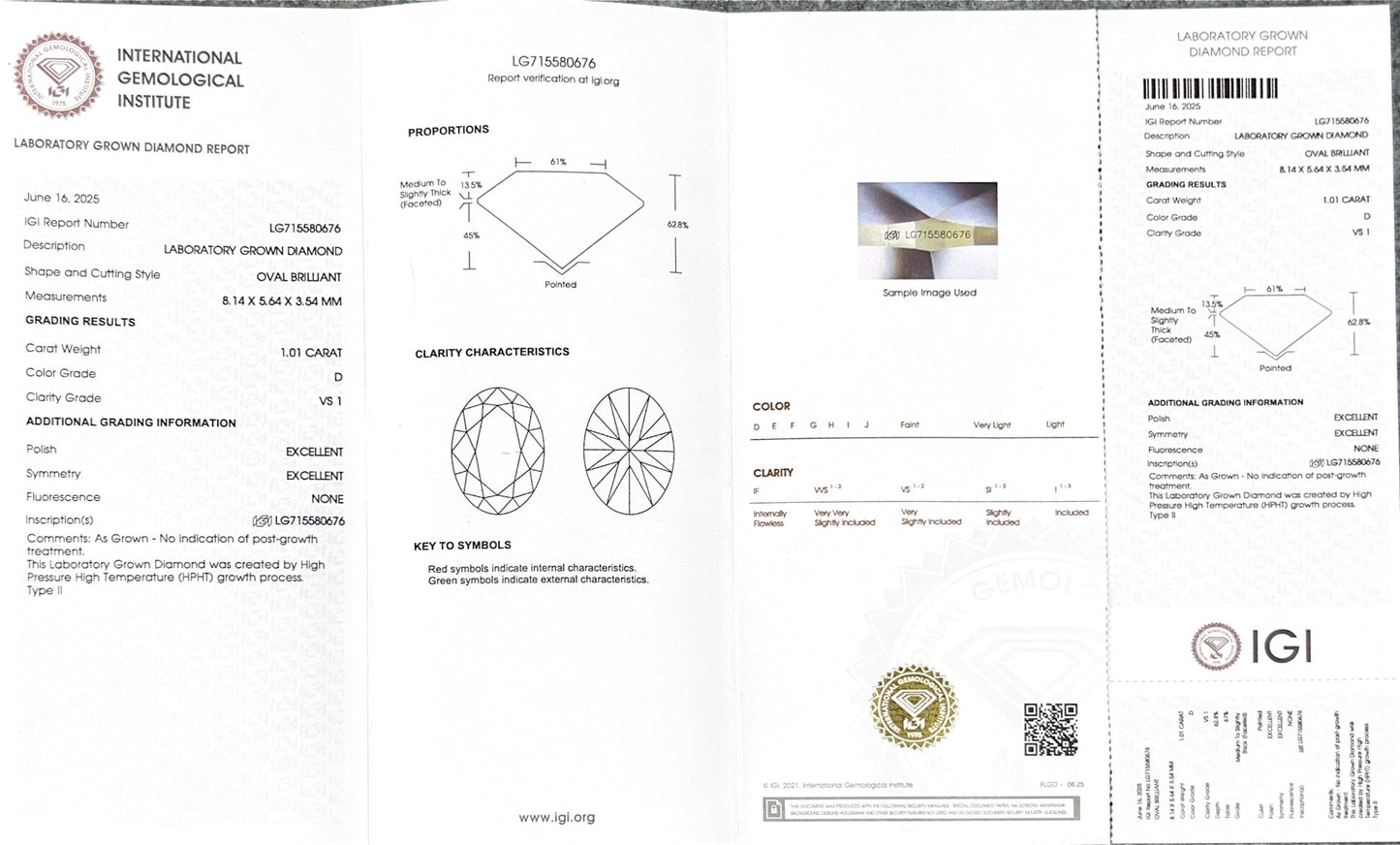 Oval Brilliant D VS1 EX 1.01ct HPHT Lab Grown Diamond with IGI Certificate LG715580676