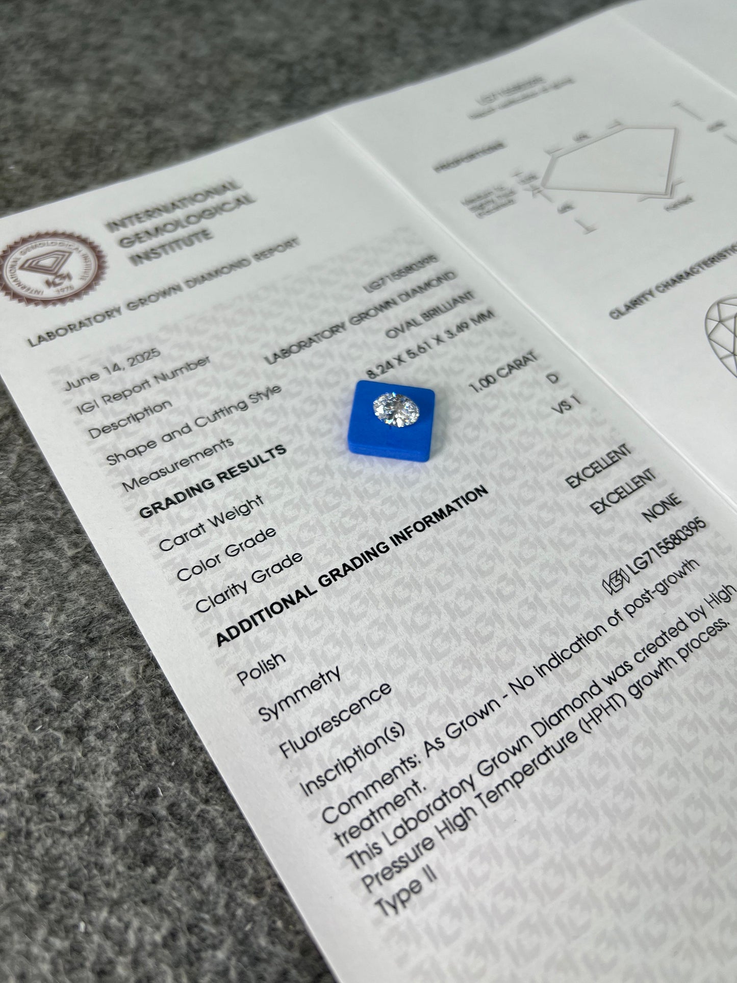 Oval Brilliant D VS1 EX 1ct HPHT Lab Grown Diamond with IGI Certificate LG715580395