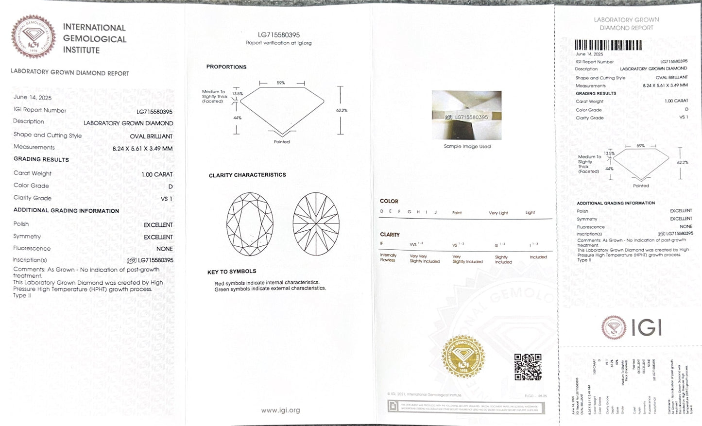 Oval Brilliant D VS1 EX 1ct HPHT Lab Grown Diamond with IGI Certificate LG715580395