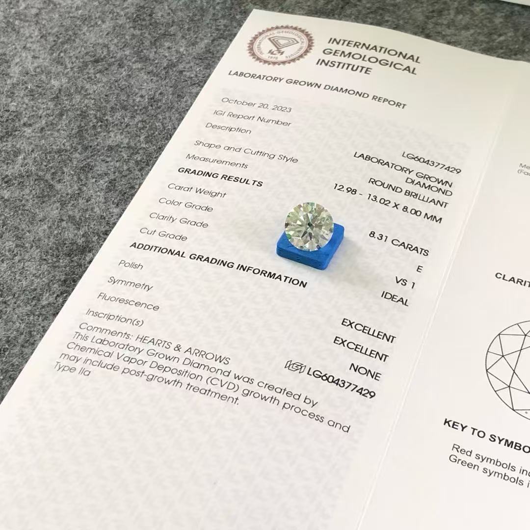 Round Cut 8.31ct E VS1 CVD Lab Grown Diamond IGI Certificate LG604377429