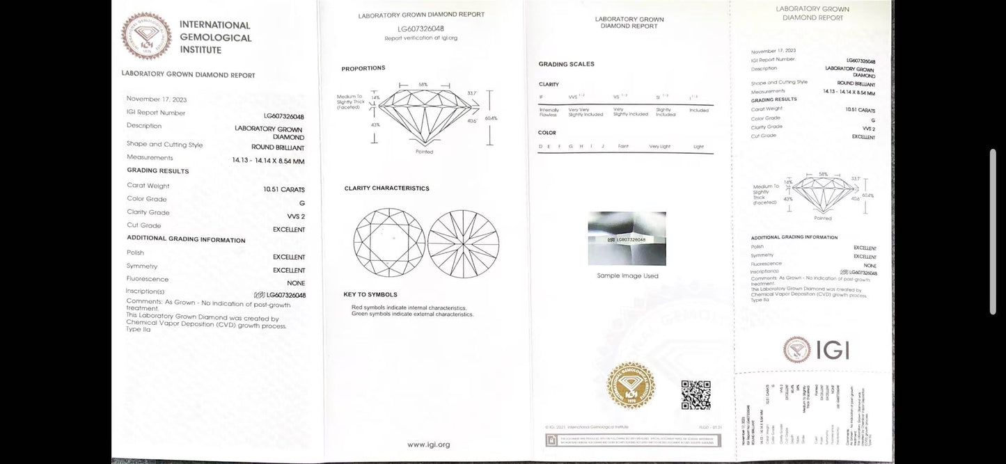 Round Cut 10.51ct G VVS2 CVD Lab Grown Diamond IGI Certificate LG607326048