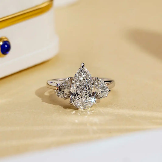 Eco-1670 Three-Stone Pear-Shaped Lab-Grown Diamond Ring in 18K White Gold – Custom by Ecogemma