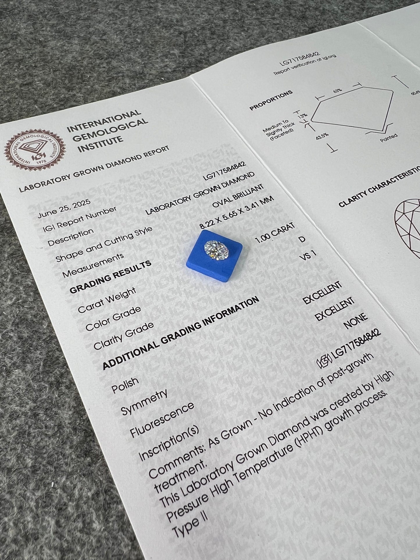 Oval Brilliant D VS1 EX 1ct HPHT Lab Grown Diamond with IGI Certificate LG717584842
