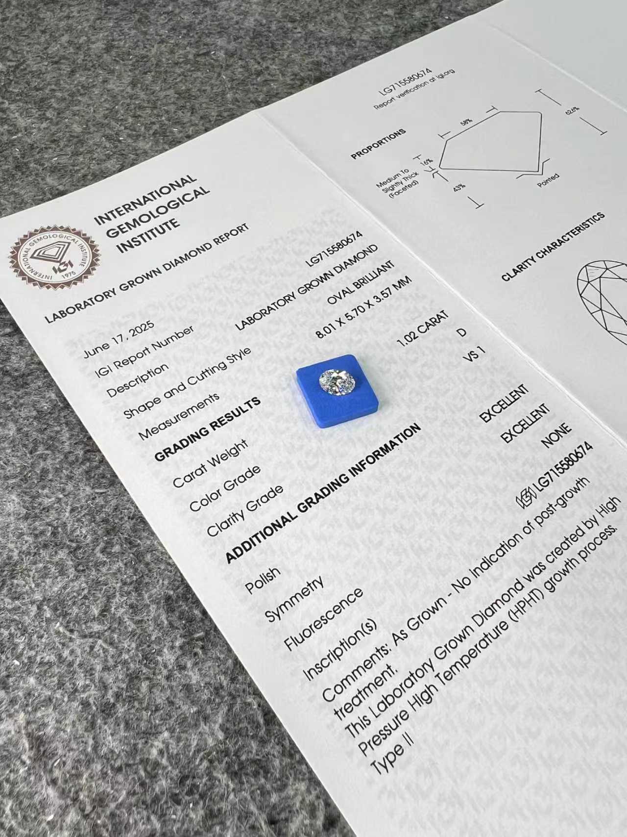 Oval Brilliant D VS1 EX 1.02ct Lab Grown Diamond with IGI Certificate LG715580674