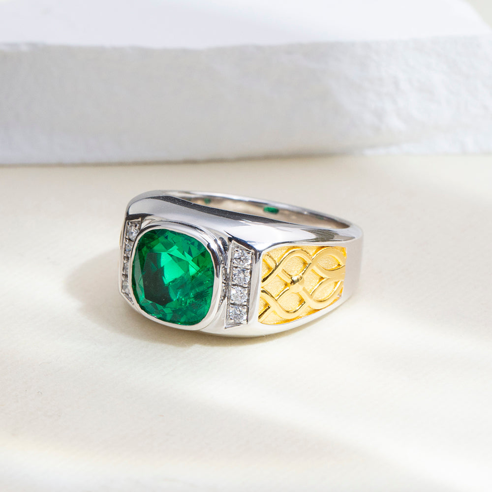Eco-1889: Emerald Legacy – Lab-Grown Green Emerald Cushion Ring in 18K White ; Yellow Gold