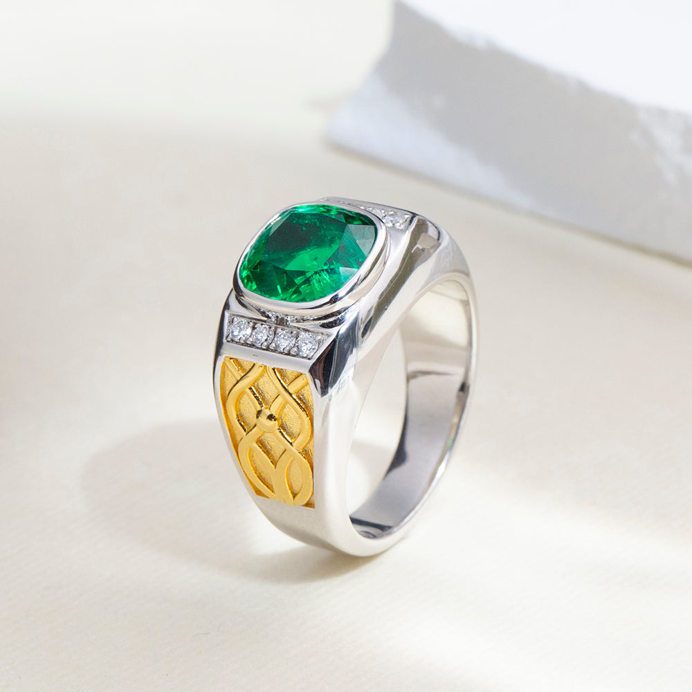 Eco-1889: Emerald Legacy – Lab-Grown Green Emerald Cushion Ring in 18K White ; Yellow Gold