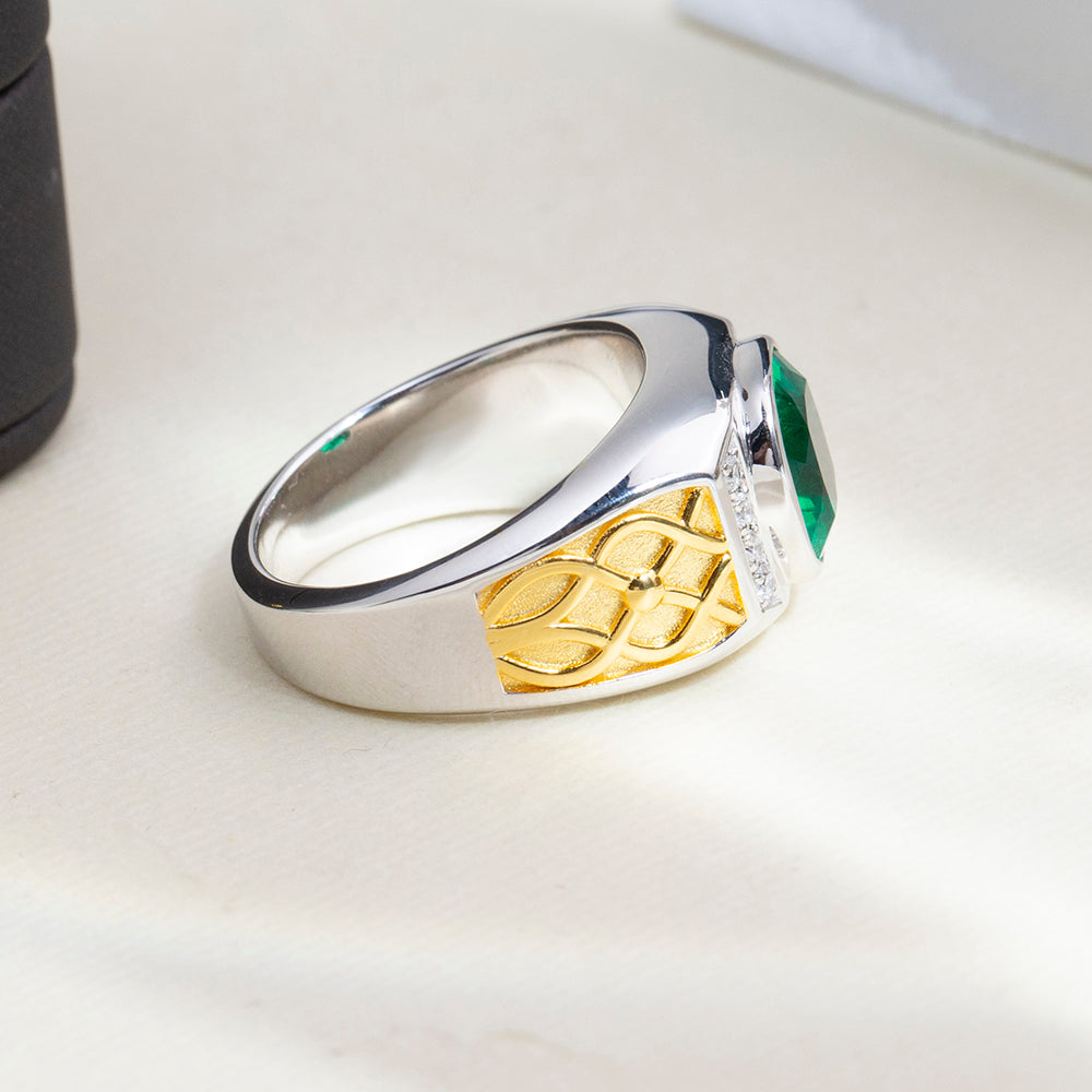 Eco-1889: Emerald Legacy – Lab-Grown Green Emerald Cushion Ring in 18K White ; Yellow Gold