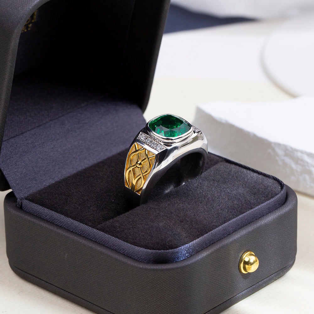 Eco-1889: Emerald Legacy – Lab-Grown Green Emerald Cushion Ring in 18K White ; Yellow Gold