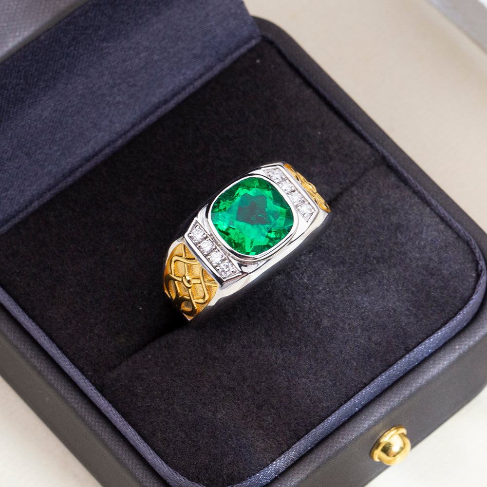 Eco-1889: Emerald Legacy – Lab-Grown Green Emerald Cushion Ring in 18K White ; Yellow Gold