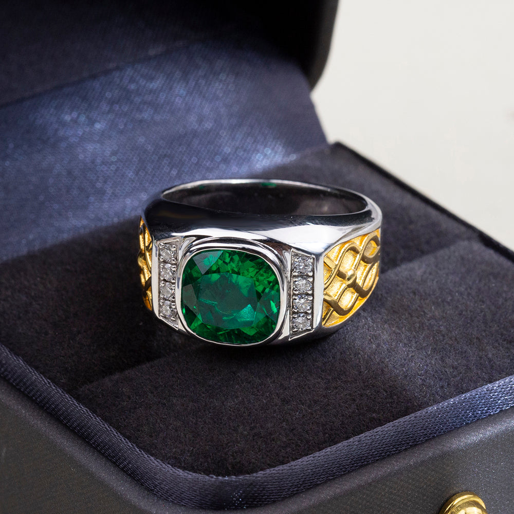 Eco-1889: Emerald Legacy – Lab-Grown Green Emerald Cushion Ring in 18K White ; Yellow Gold