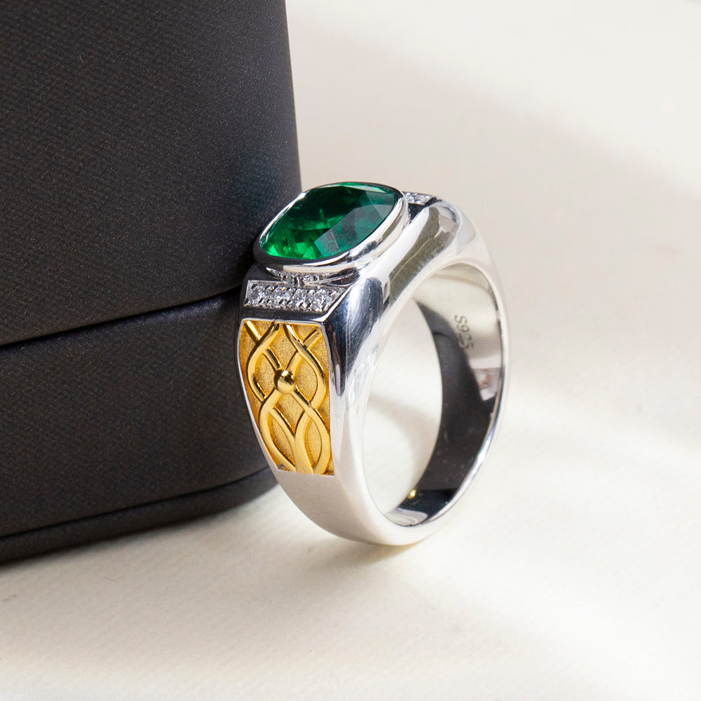 Eco-1889: Emerald Legacy – Lab-Grown Green Emerald Cushion Ring in 18K White ; Yellow Gold
