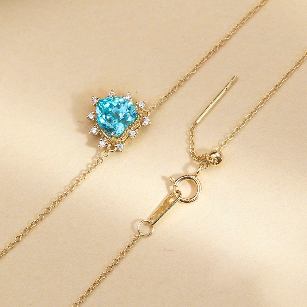 Econ-913 "Ocean Heartlight" Lab-Grown Blue Sapphire Halo Pendant Necklace