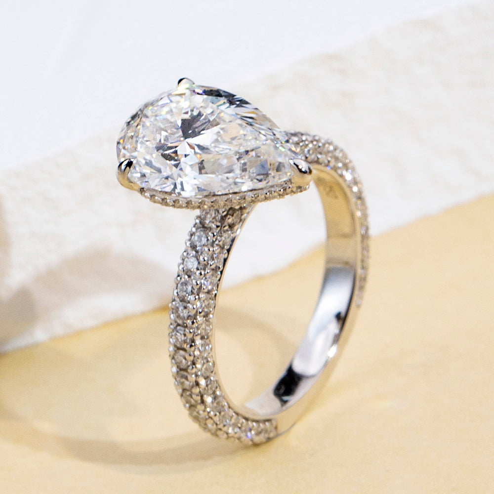 Eco-1897: Teardrop of Light – Lab-Grown Pear Diamond Pavé Ring in 18K White Gold