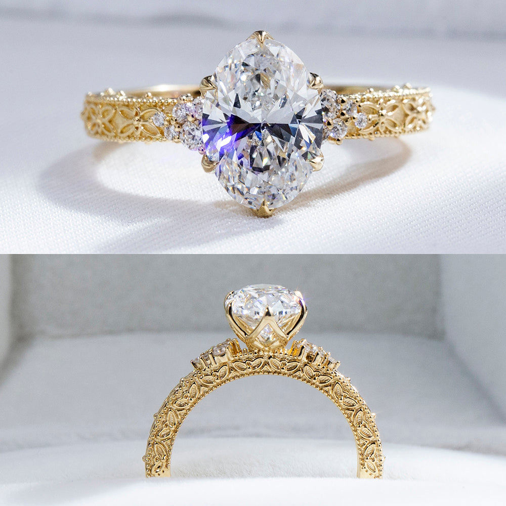 Eco-1902: Golden Bloom – Anillo vintage con diamantes ovalados cultivados en laboratorio en oro amarillo de 18 quilates 