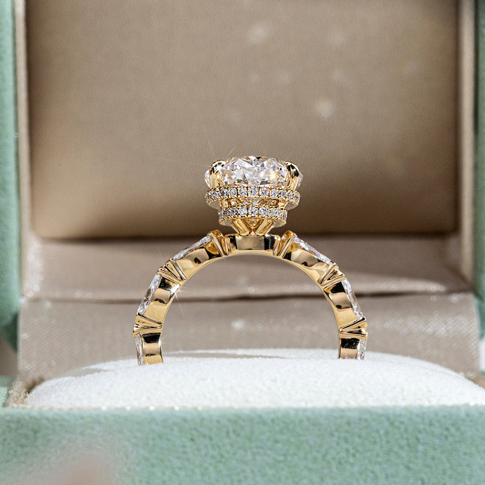 Eco-1904: Crowned Grace – Lab-Grown Oval Diamond Halo Ring with Marquise Band in 18K Yellow Gold