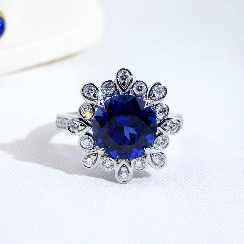 Eco-1905: Midnight Bloom – Lab-Grown Blue Sapphire & Diamond Halo Ring in 18K White Gold