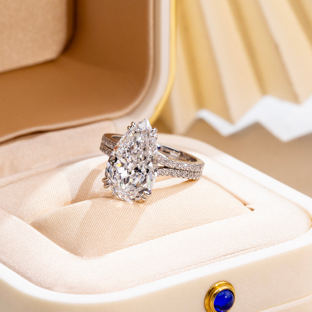 Eco-1908: Teardrop of Clarity – Lab-Grown Pear Diamond Pavé Ring in 18K White Gold