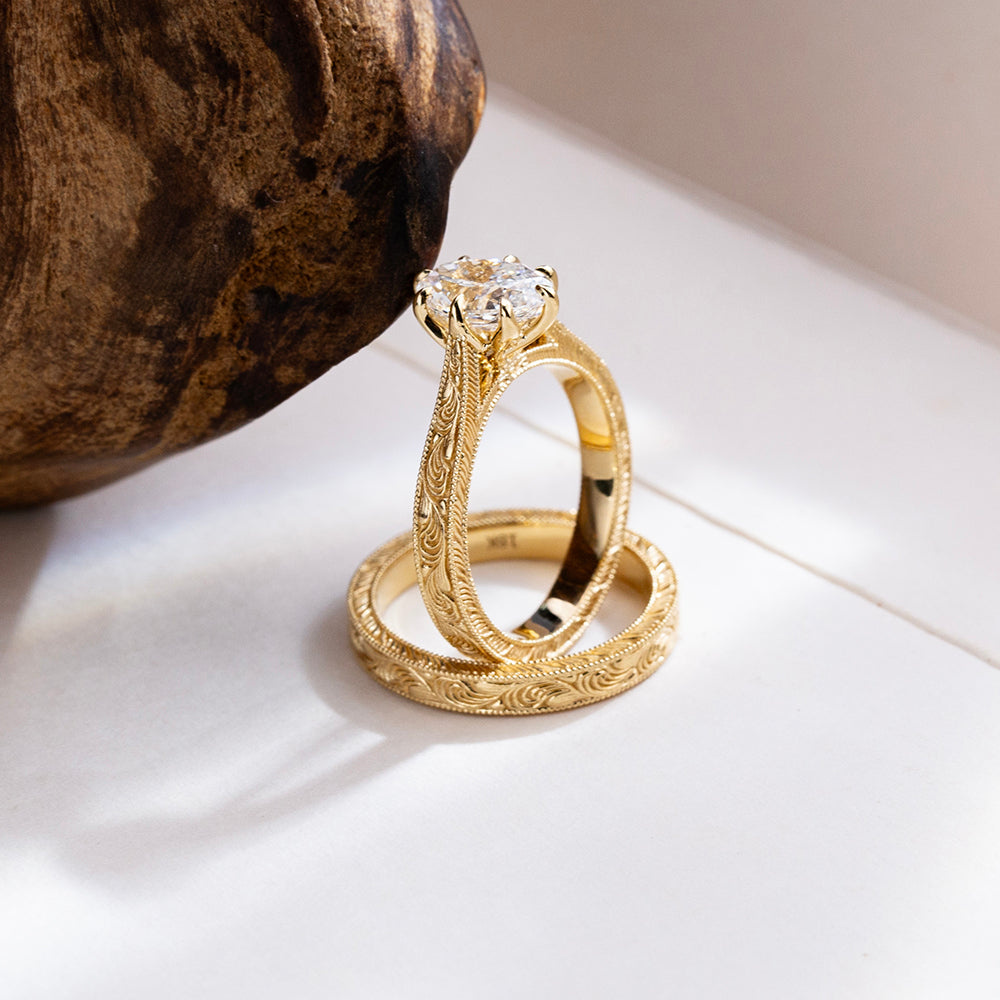 Eco-1911: Scroll of Devotion – Lab-Grown Oval Diamond Vintage Bridal Set in 18K Yellow Gold