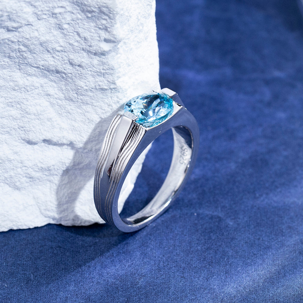 Eco-1797: Azure Orbit – Lab-Grown Blue Diamond Bezel Ring in 18K White Gold