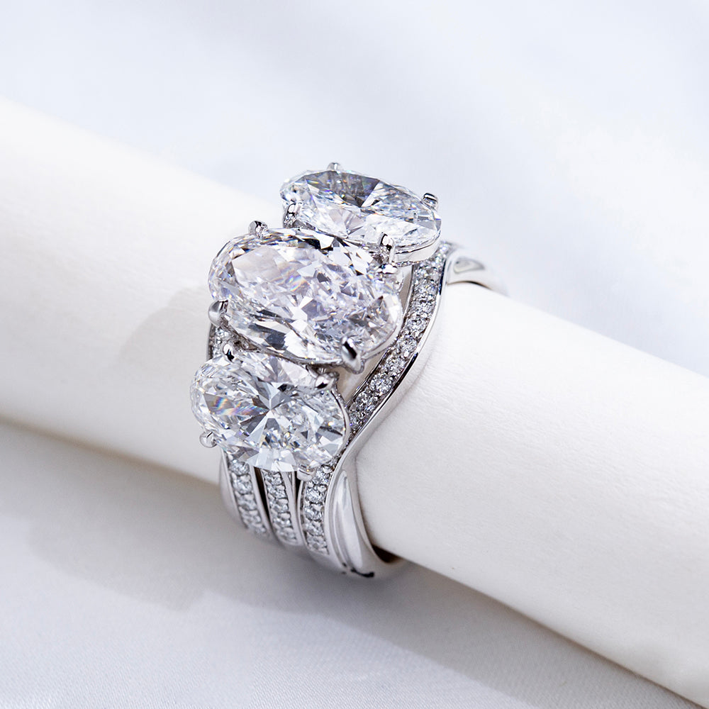 Eco-1914: “Celestial Grace” – Lab-Grown Three-Stone Diamond Pavé Ring in 18K White Gold