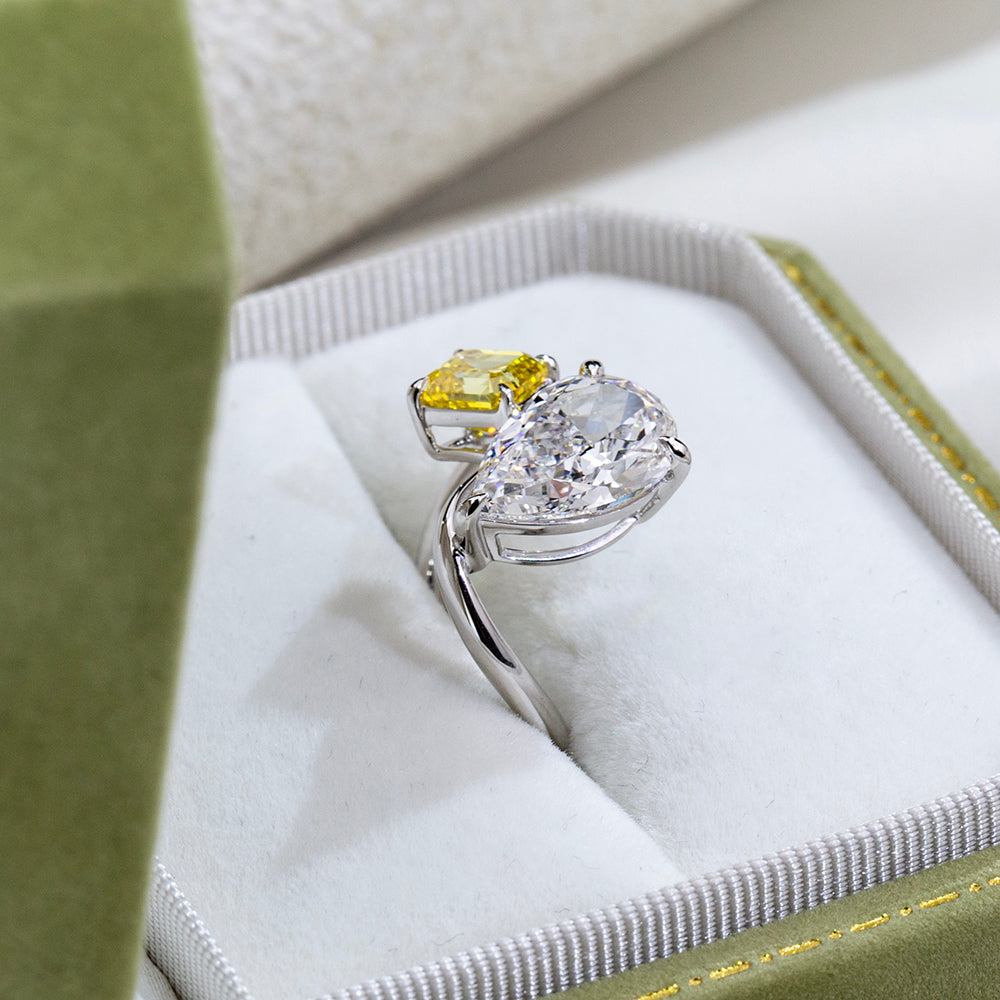 Eco-1916: Duality of Light – Lab-Grown Pear & Yellow Radiant Diamond Bypass Ring in 18K White Gold