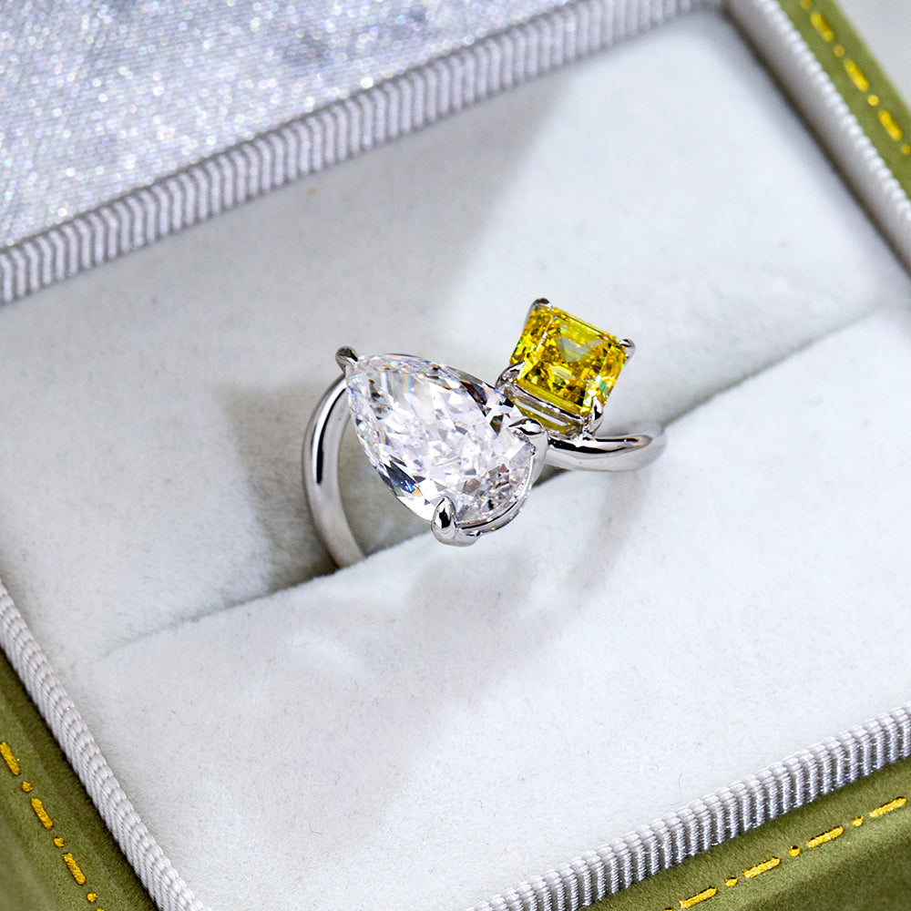 Eco-1916: Duality of Light – Lab-Grown Pear & Yellow Radiant Diamond Bypass Ring in 18K White Gold