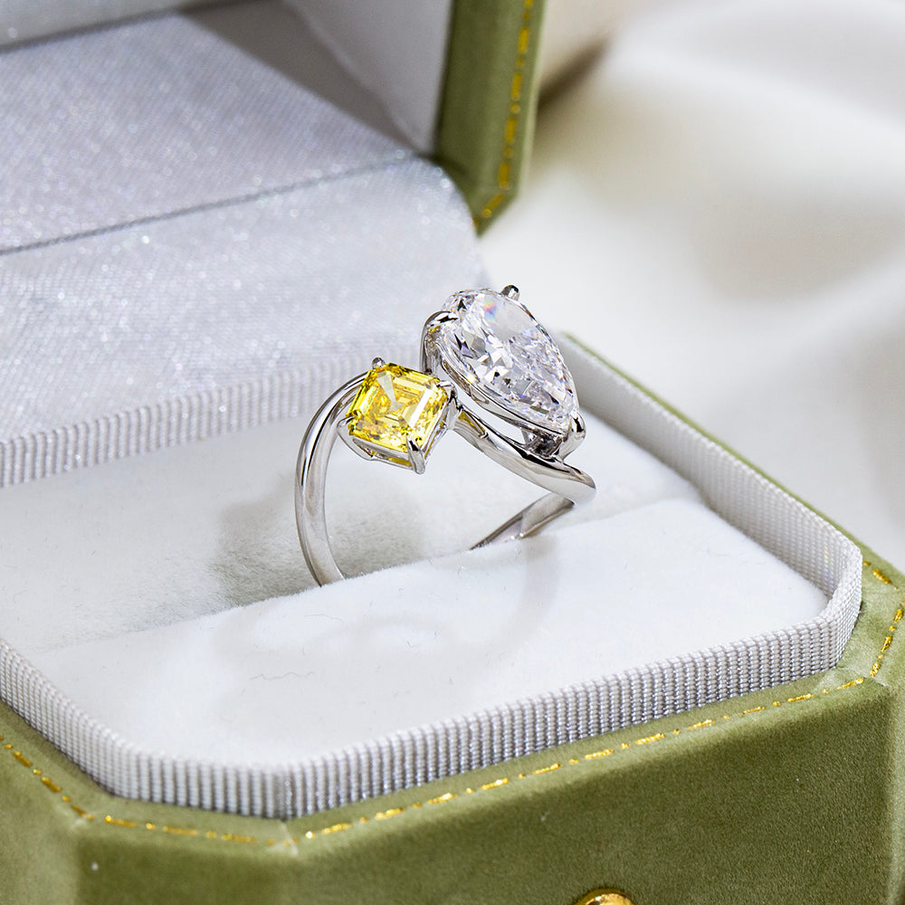 Eco-1916: Duality of Light – Lab-Grown Pear & Yellow Radiant Diamond Bypass Ring in 18K White Gold