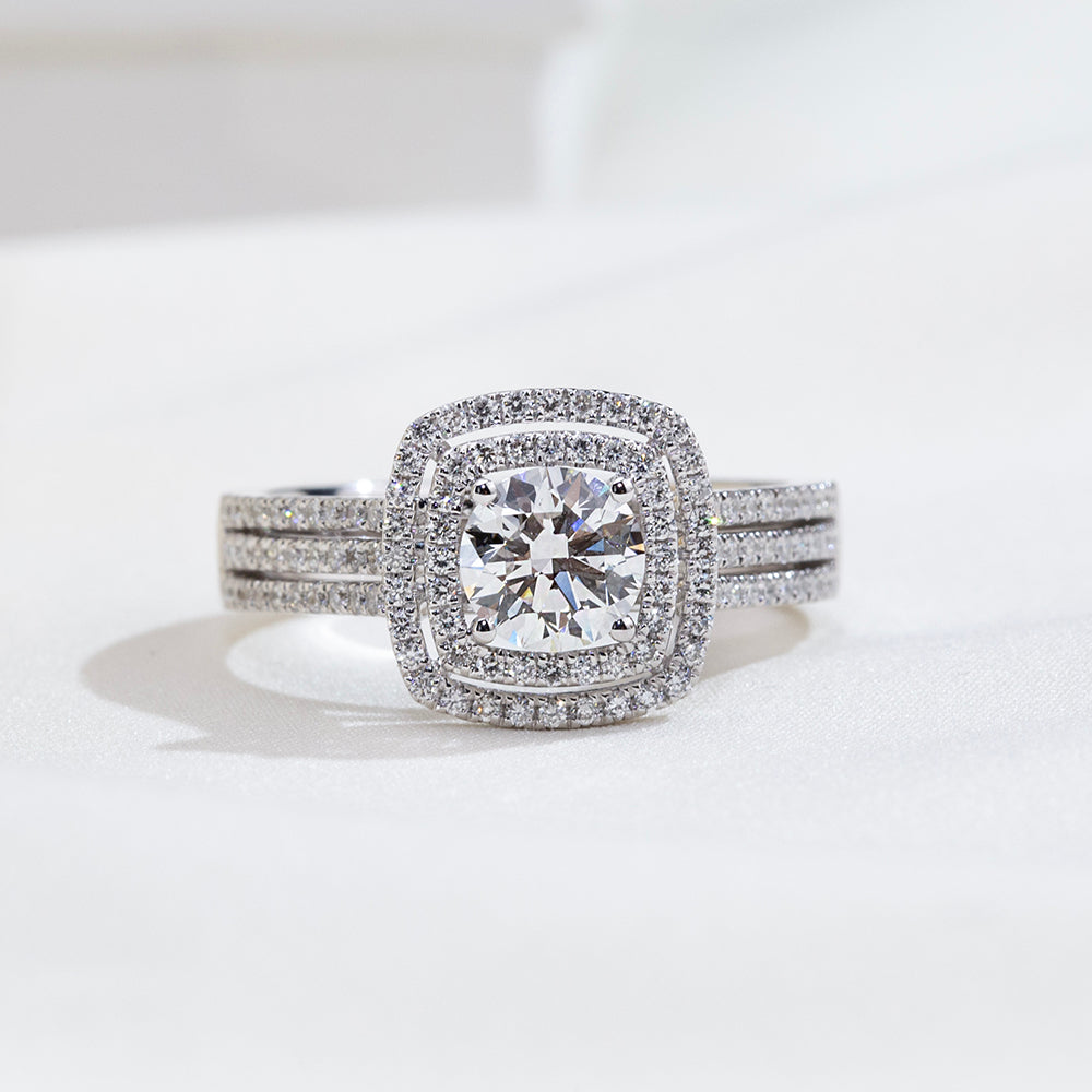 Eco-1917: Crown of Radiance – Lab-Grown Round Diamond Halo Ring in 18K White Gold