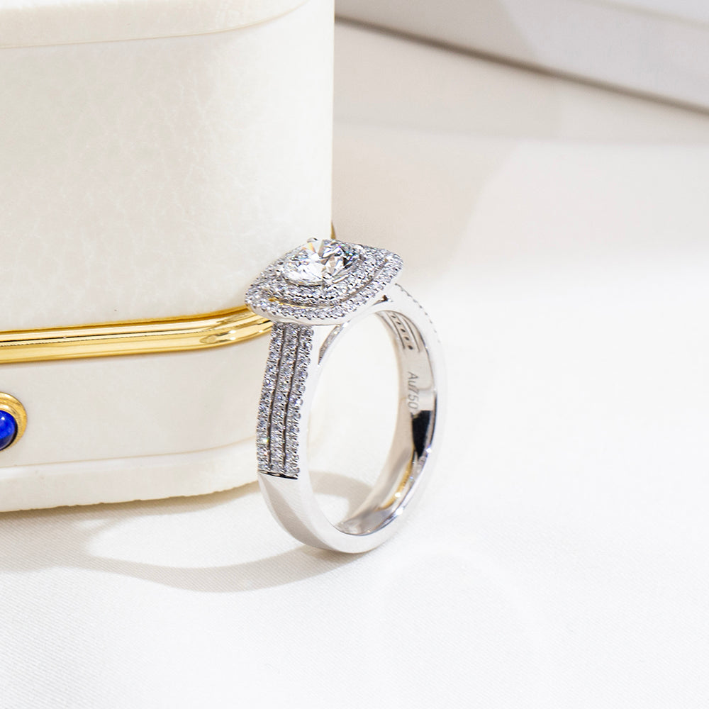 Eco-1917: Crown of Radiance – Lab-Grown Round Diamond Halo Ring in 18K White Gold