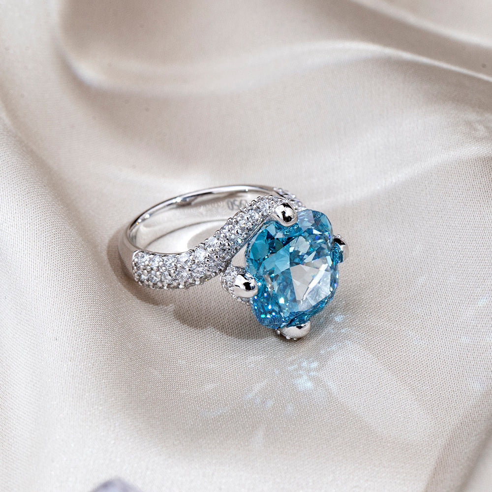 Eco-1813: Celestial Depth – Lab-Grown Blue Sapphire & Diamond Halo Ring in 18K White Gold