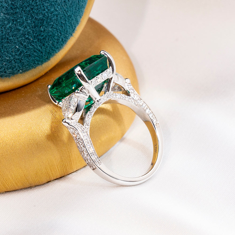 Eco-1816: Emerald Reverie – Lab-Grown Emerald & Diamond Trilogy Ring in 18K White Gold