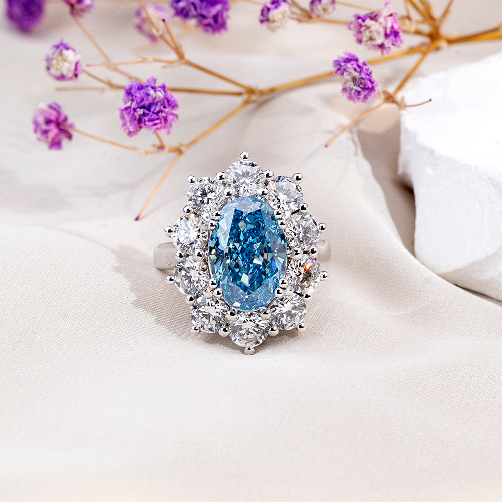 Eco-1820: Celestial Bloom – Lab-Grown Blue Sapphire & Diamond Halo Ring in 18K White Gold