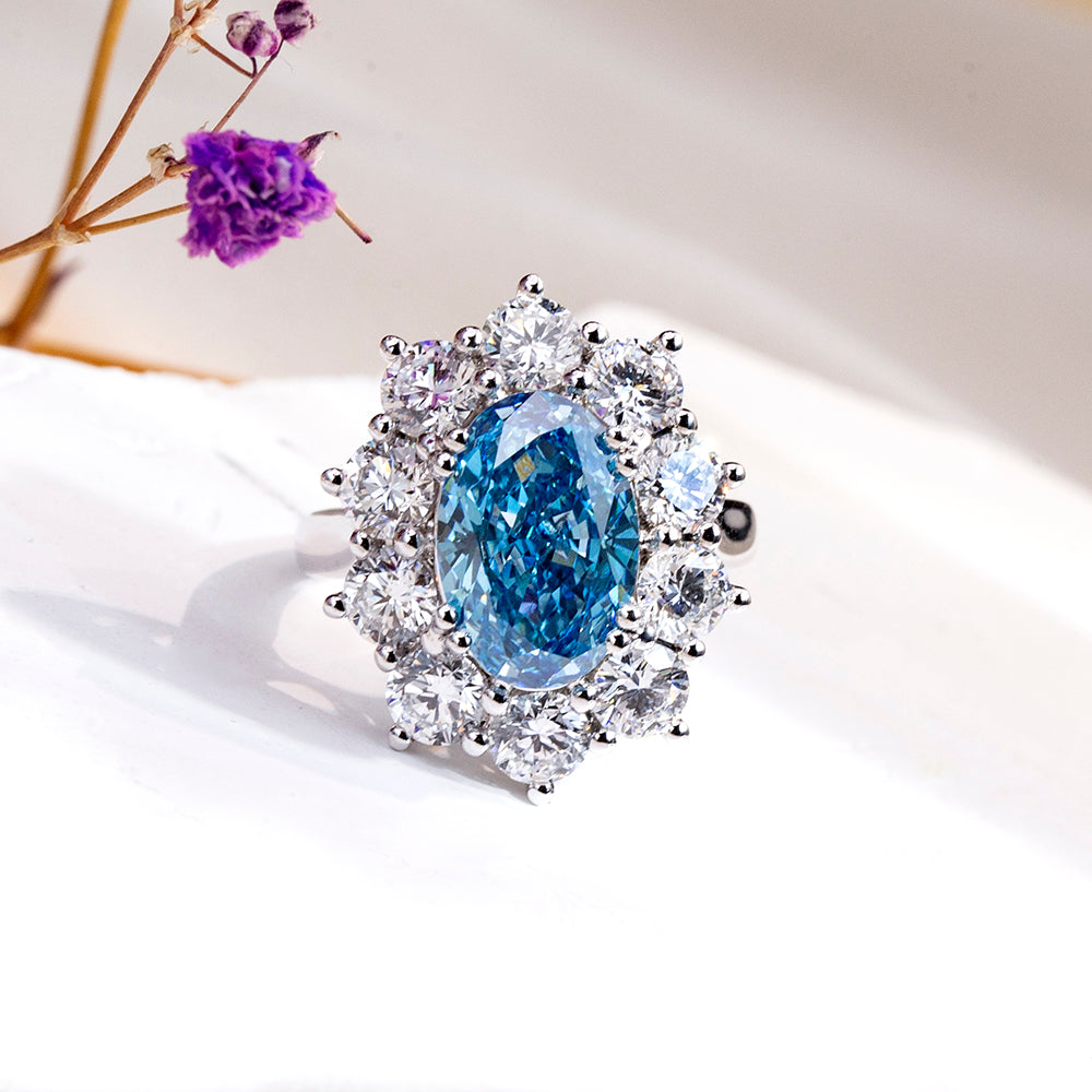 Eco-1820: Celestial Bloom – Lab-Grown Blue Sapphire & Diamond Halo Ring in 18K White Gold