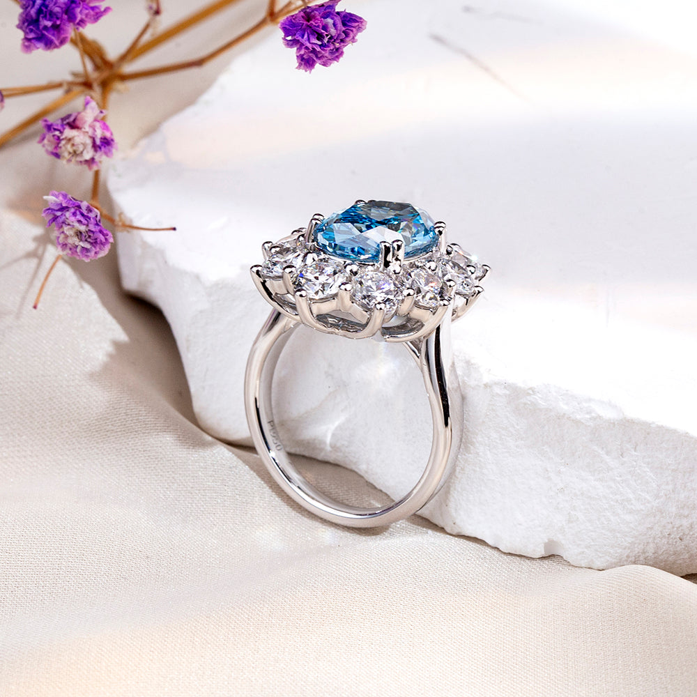 Eco-1820: Celestial Bloom – Lab-Grown Blue Sapphire & Diamond Halo Ring in 18K White Gold