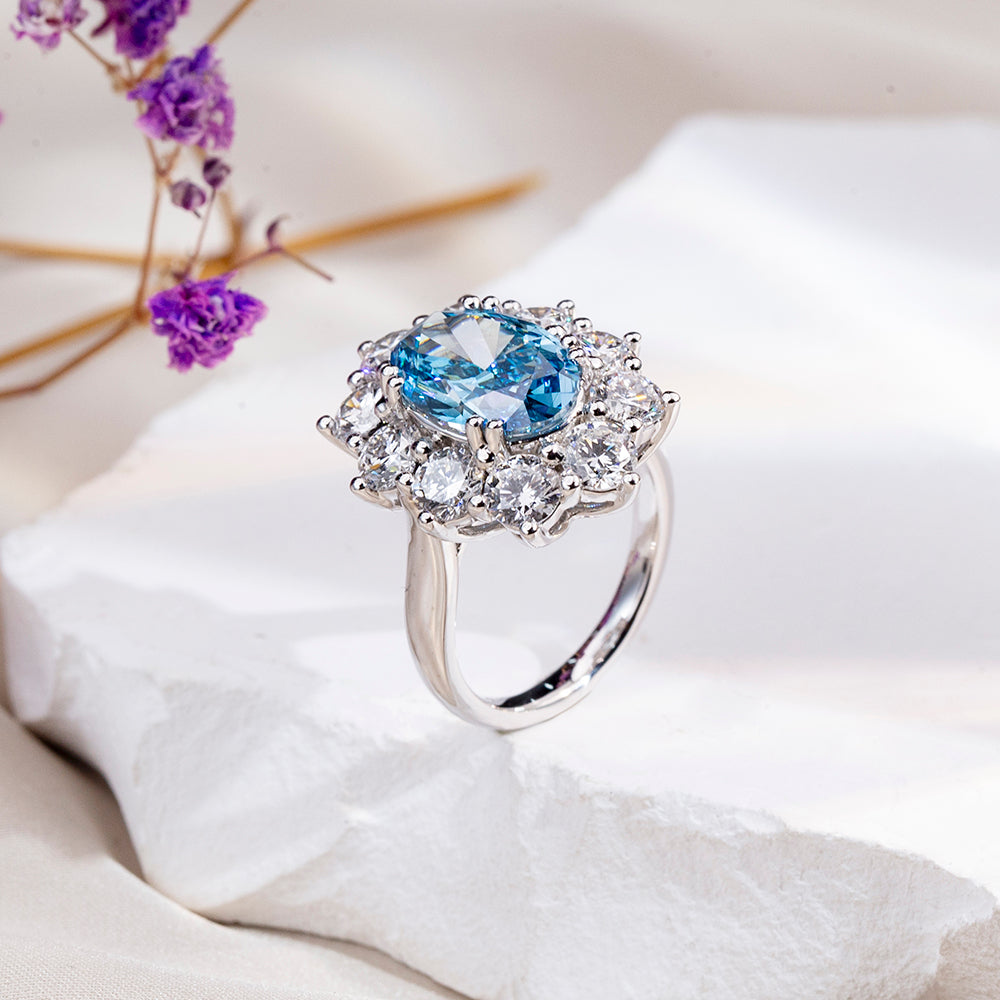 Eco-1820: Celestial Bloom – Lab-Grown Blue Sapphire & Diamond Halo Ring in 18K White Gold