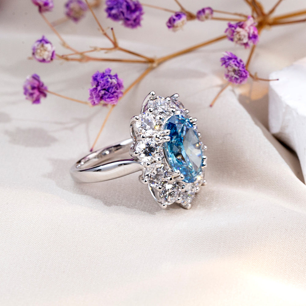 Eco-1820: Celestial Bloom – Lab-Grown Blue Sapphire & Diamond Halo Ring in 18K White Gold