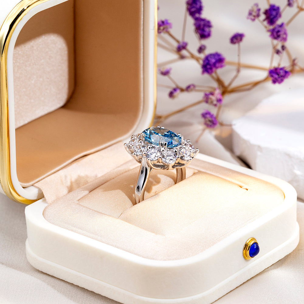 Eco-1820: Celestial Bloom – Lab-Grown Blue Sapphire & Diamond Halo Ring in 18K White Gold