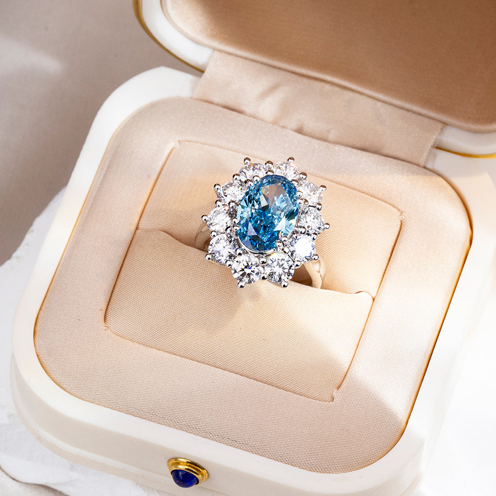 Eco-1820: Celestial Bloom – Lab-Grown Blue Sapphire & Diamond Halo Ring in 18K White Gold