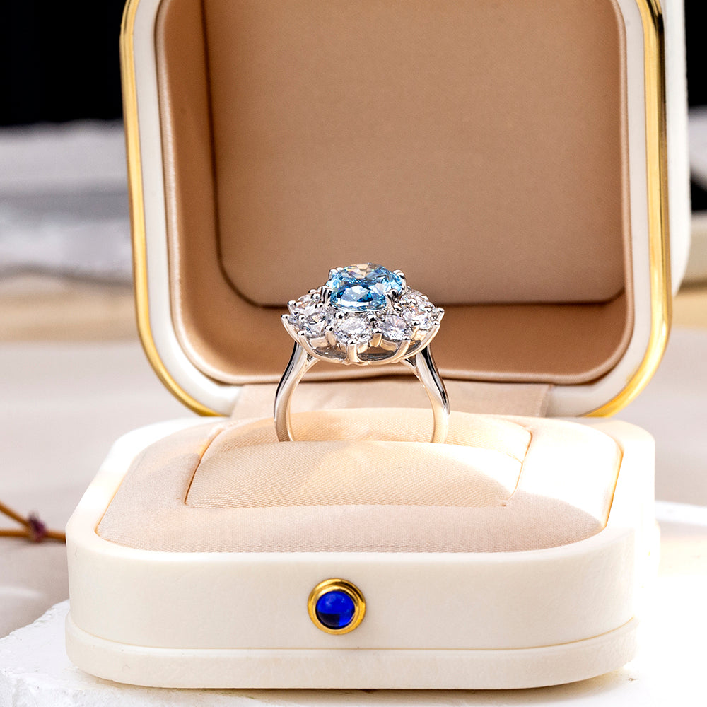 Eco-1820: Celestial Bloom – Lab-Grown Blue Sapphire & Diamond Halo Ring in 18K White Gold