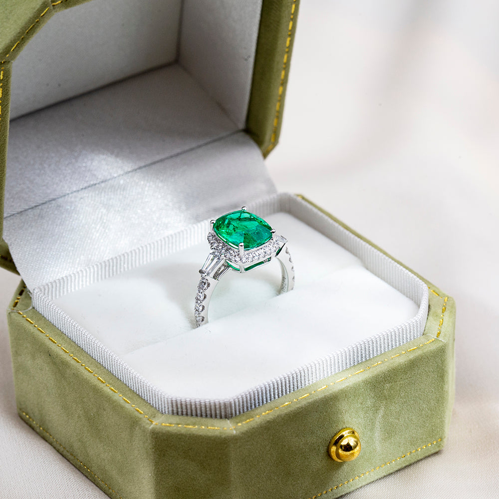 Eco-1826: Emerald Reverence – Lab-Grown Green Gemstone Halo Ring in 18K White Gold