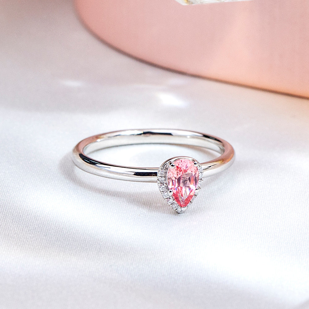 Eco-1829: Blush Aurora – Lab-Grown Pink Sapphire Halo Ring in 18K White Gold