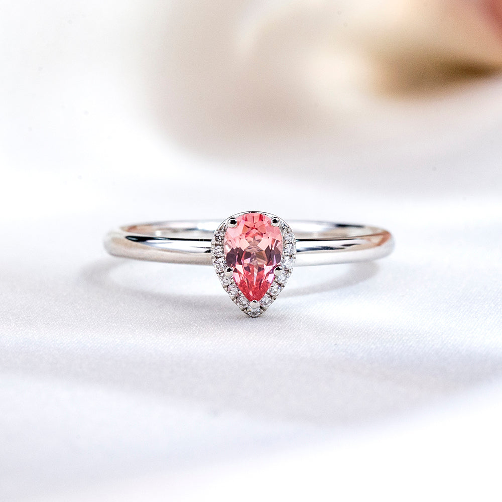 Eco-1829: Blush Aurora – Lab-Grown Pink Sapphire Halo Ring in 18K White Gold