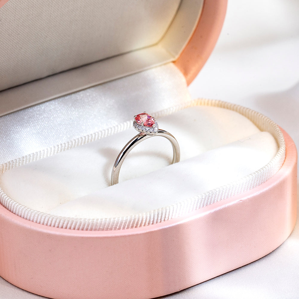 Eco-1829: Blush Aurora – Lab-Grown Pink Sapphire Halo Ring in 18K White Gold