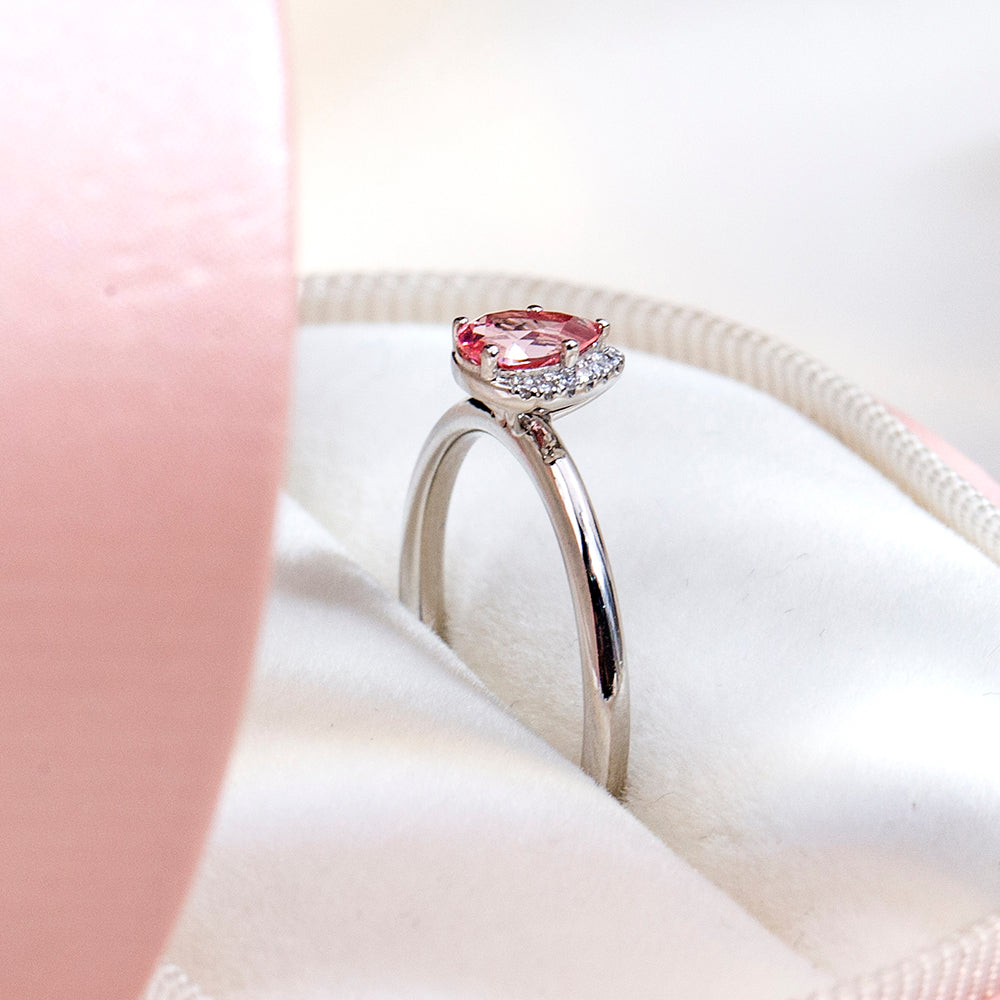 Eco-1829: Blush Aurora – Lab-Grown Pink Sapphire Halo Ring in 18K White Gold