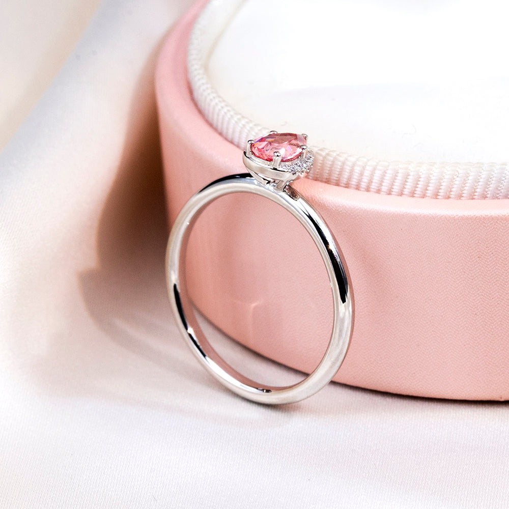 Eco-1829: Blush Aurora – Lab-Grown Pink Sapphire Halo Ring in 18K White Gold