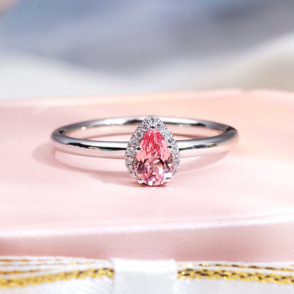 Eco-1829: Blush Aurora – Lab-Grown Pink Sapphire Halo Ring in 18K White Gold