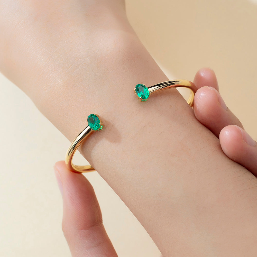 Ecob-632 | Twin Verdure Lab Emerald Open Cuff Bracelet in 18K Gold