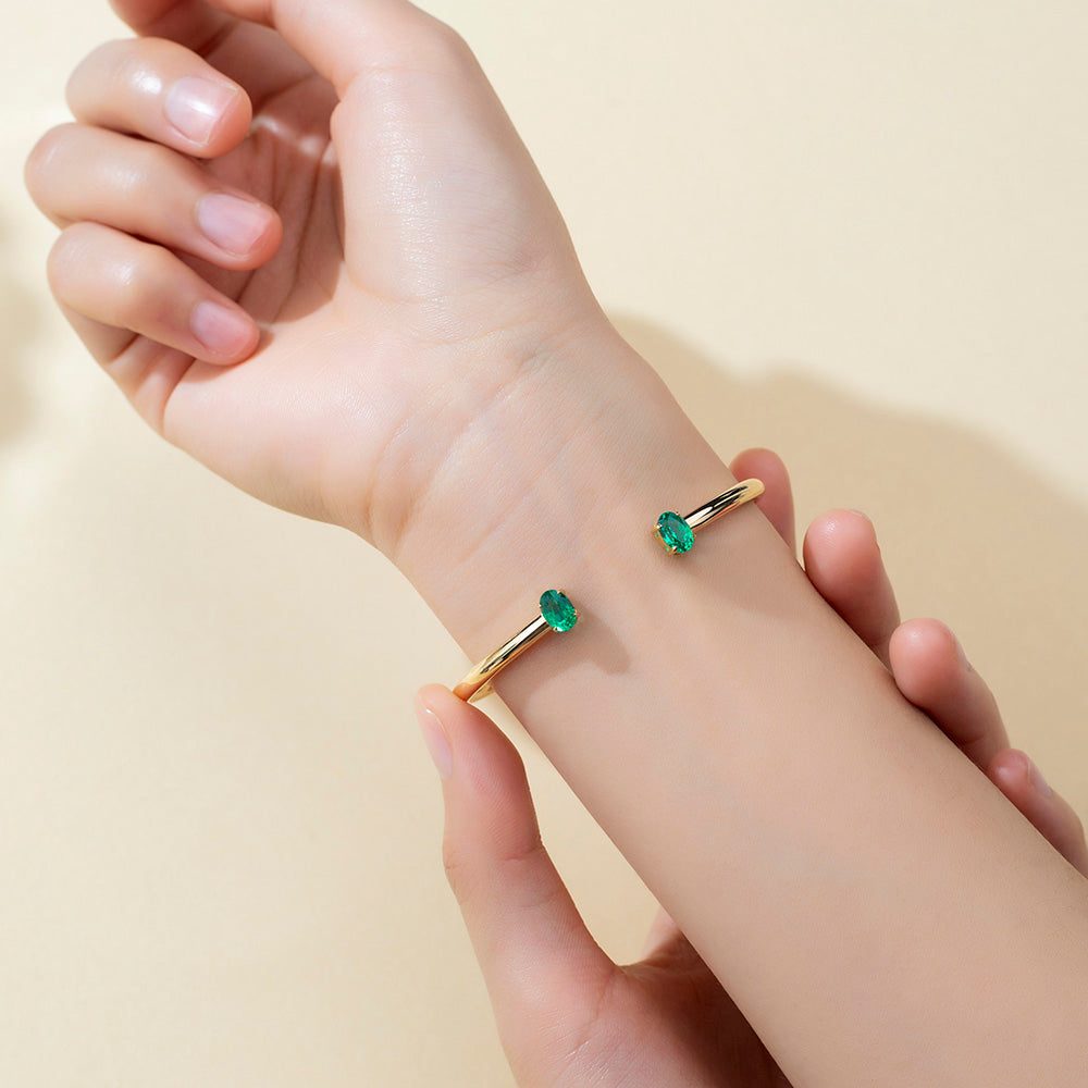 Ecob-632 | Twin Verdure Lab Emerald Open Cuff Bracelet in 18K Gold