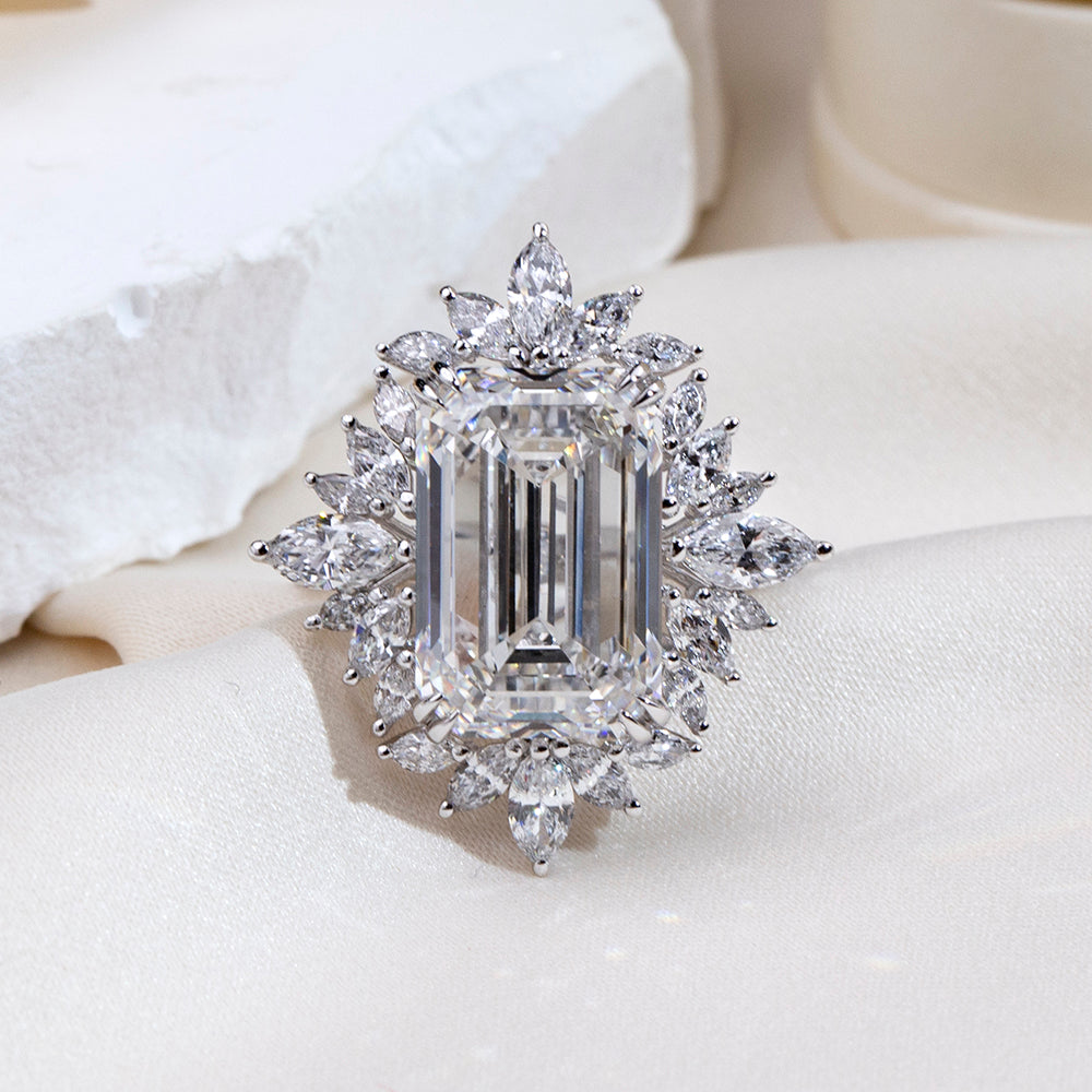 Eco-1842: スターバースト グレース – ラボグロウンダイヤモンド フローラルハローリング 18Kホワイトゴールド