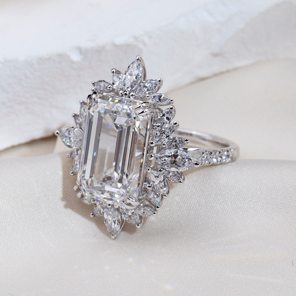 Eco-1842: スターバースト グレース – ラボグロウンダイヤモンド フローラルハローリング 18Kホワイトゴールド